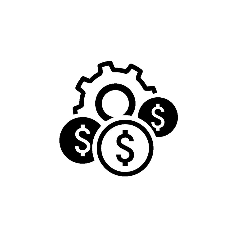 Animation of a mechanical gear with three dollar sign coins infront of it