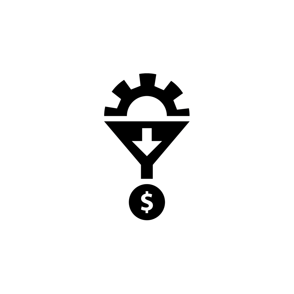 Animation of a mechanical gear directed with a downward arrow in a funneling motion
             toward a dollar sign coin